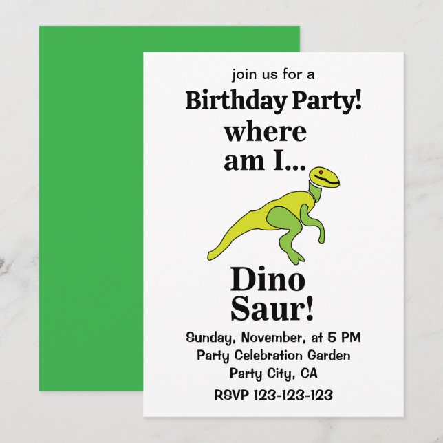 Invitación Dinosaurio ¿Dónde estoy? Fiesta de cumpleaños dive (Anverso / Reverso)