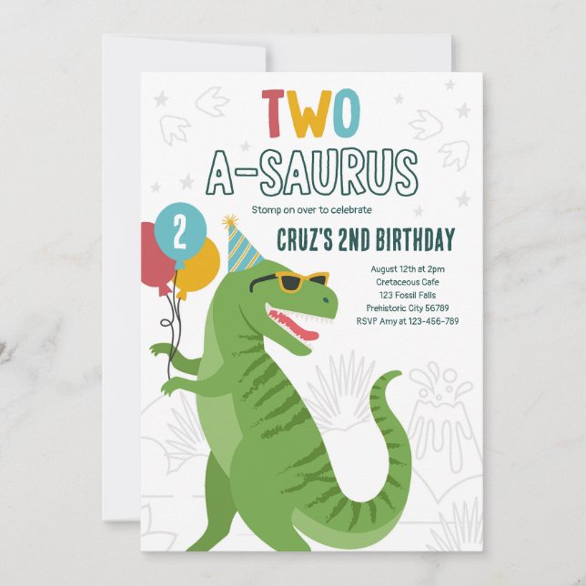 Invitación Dinosaurio Dos A-Saurus Segundo Fiesta de cumpleañ (Anverso)