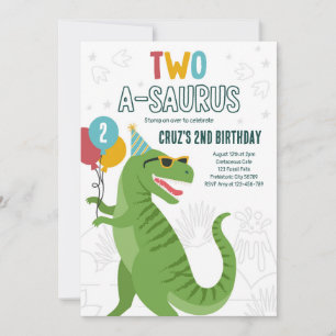 Invitación Dinosaurio Dos A-Saurus Segundo Fiesta de cumpleañ
