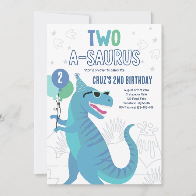 Invitación Dinosaurio Dos A-Saurus Segundo Fiesta de cumpleañ (Anverso)