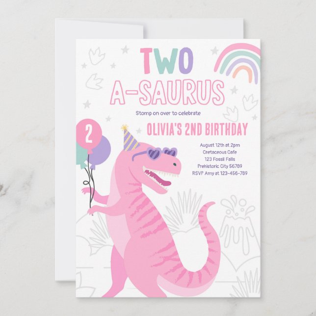 Invitación Dinosaurio Dos A-Saurus Segundo Fiesta de cumpleañ (Anverso)
