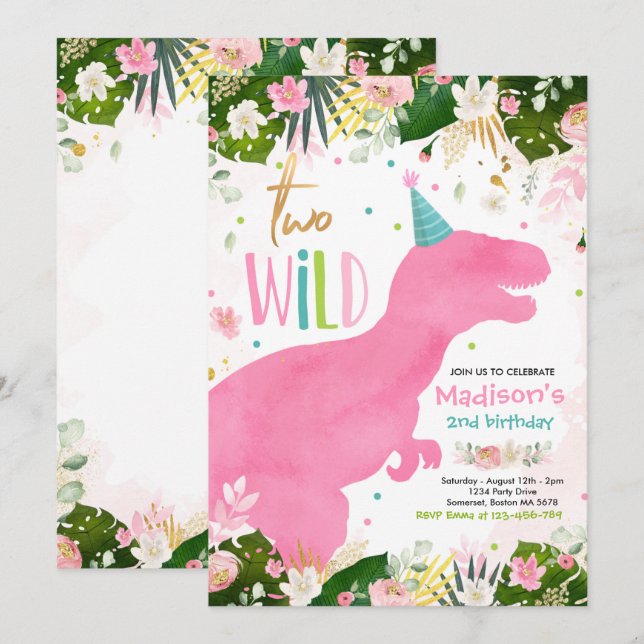 Invitación Dinosaurio dos cumpleaños silvestres de dinosaurio (Anverso / Reverso)