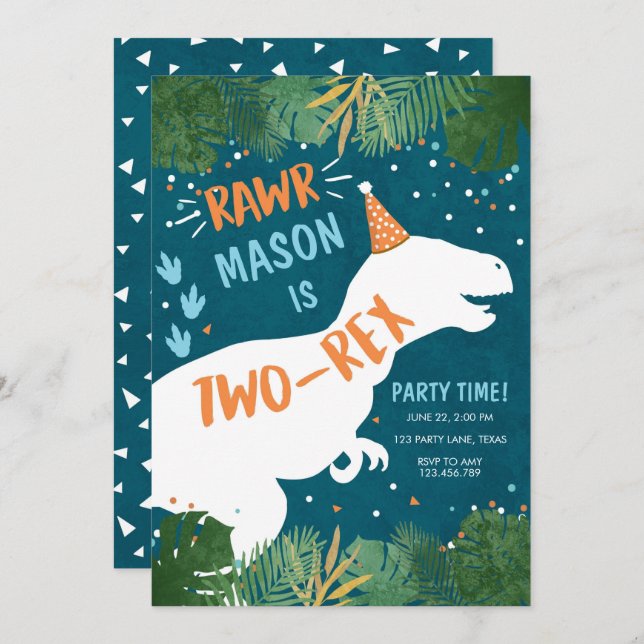 Invitación Dinosaurio Dos Rex T-Rex RAWR Segundo Cumpleaños (Anverso / Reverso)