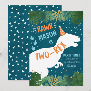 Invitación Dinosaurio Dos Rex T-Rex RAWR Segundo Cumpleaños