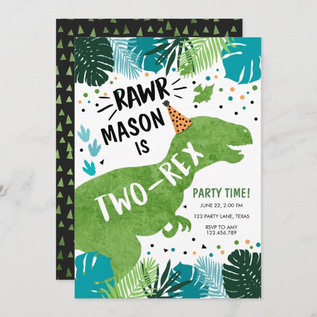 Invitación Dinosaurio Dos Rex T-Rex RAWR Segundo Cumpleaños E (Anverso / Reverso)