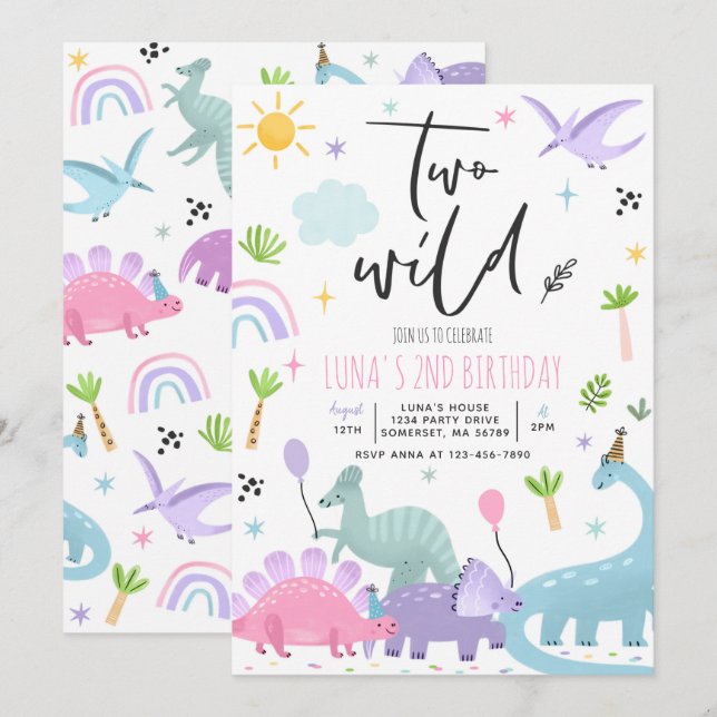 Invitación Dinosaurio dos salvajes Fiestas del segundo cumple (Anverso / Reverso)
