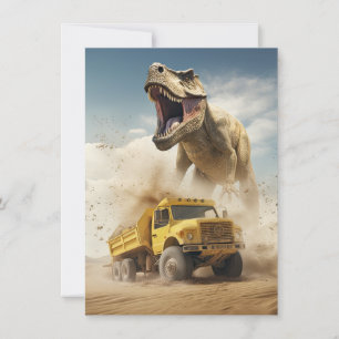 Invitación Dinosaurio en T-Rex persiguiendo a un camión volca