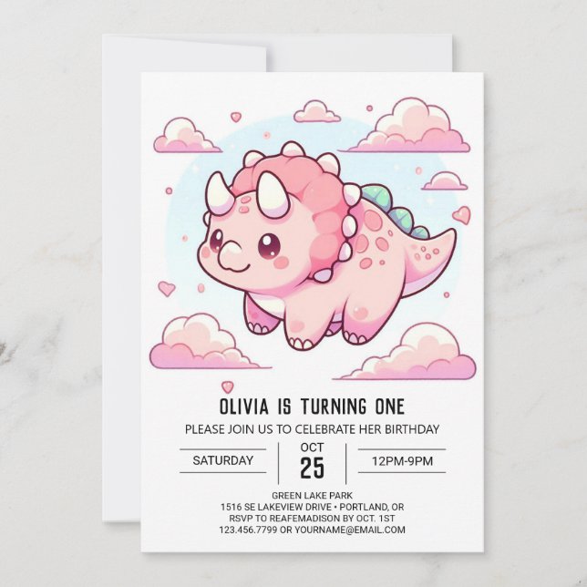 Invitación Dinosaurio Encantado Moderno Primer Cumpleaños (Anverso)