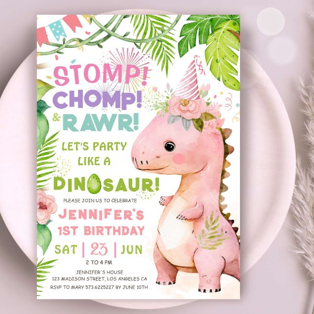 Invitación Dinosaurio Fiesta de cumpleaños Chicas de dinosaur (#DinosaurBirthdayInvitation #DinosaurBirthdayInvite #GirlDinosaurBirthdayInvitation)