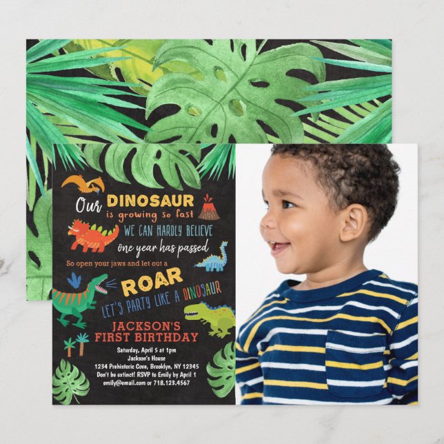 Invitación Dinosaurio Fiesta del primer cumpleaños Dino Foto (Anverso / Reverso)