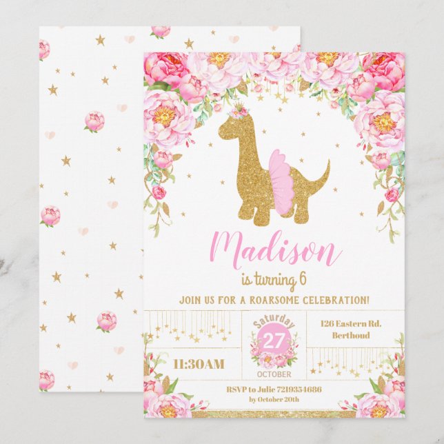 Invitación Dinosaurio floral rosa Brachiosaurus Chica de cump (Anverso / Reverso)