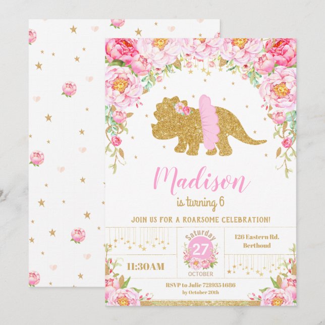 Invitación Dinosaurio floral rosa Triceratops Chica de cumple (Anverso / Reverso)