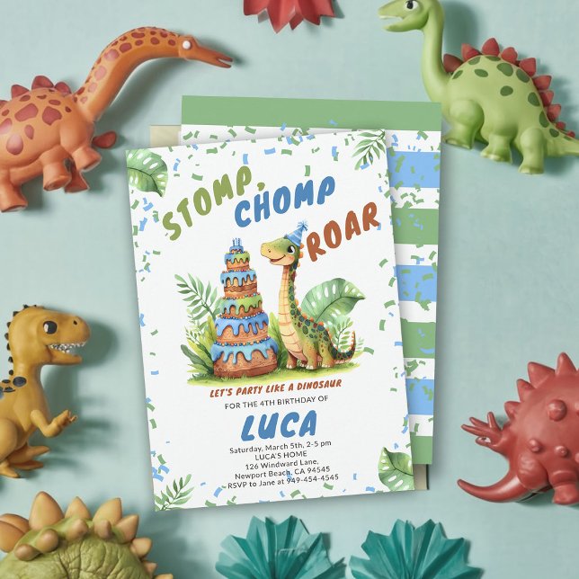 Invitación Dinosaurio Gigante de cumpleaños Pastel Cute de Ag (dinosaur boy birthday party dino stomp chomp roar funny watercolor giant cake prehistoric wild cute)