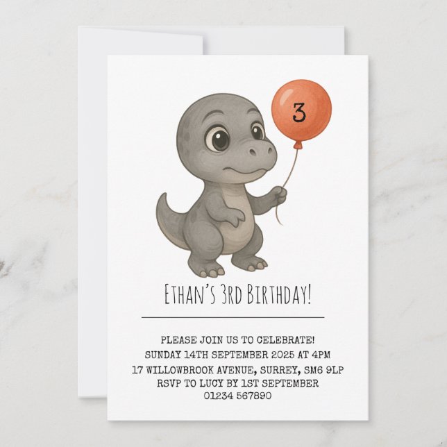 Invitación Dinosaurio Gris de Ojos Grandes con Cumpleaños de  (Anverso)