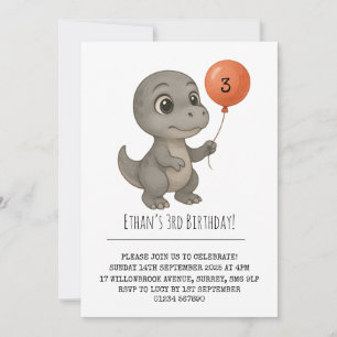 Invitación Dinosaurio Gris de Ojos Grandes con Cumpleaños de