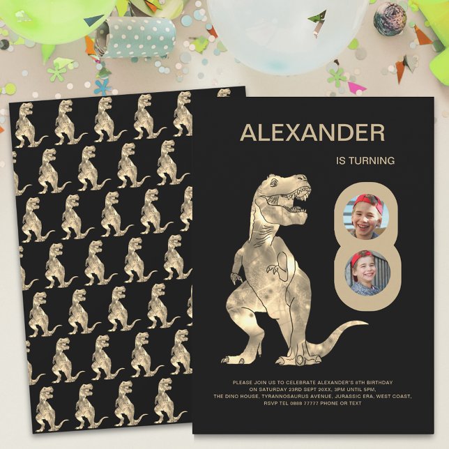 Invitación Dinosaurio infantil 8 Collage de fotos de la fiest (T-Rex Dinosaur boys 8th birthday party 2 photo collage invitation)