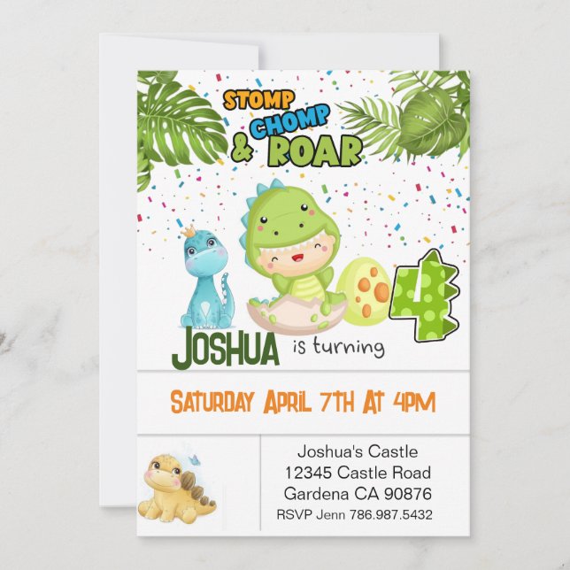 Invitación Dinosaurio invitando a cuatro cumpleaños (Anverso)