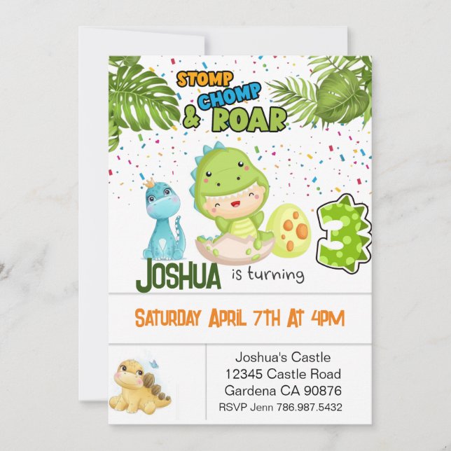 Invitación Dinosaurio invitando a cumplir 3 años (Anverso)