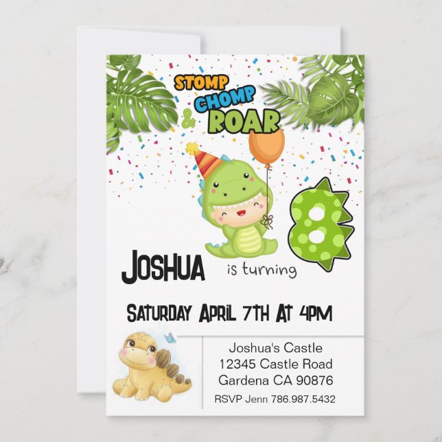 Invitación Dinosaurio invitando a cumplir 8 años (Anverso)