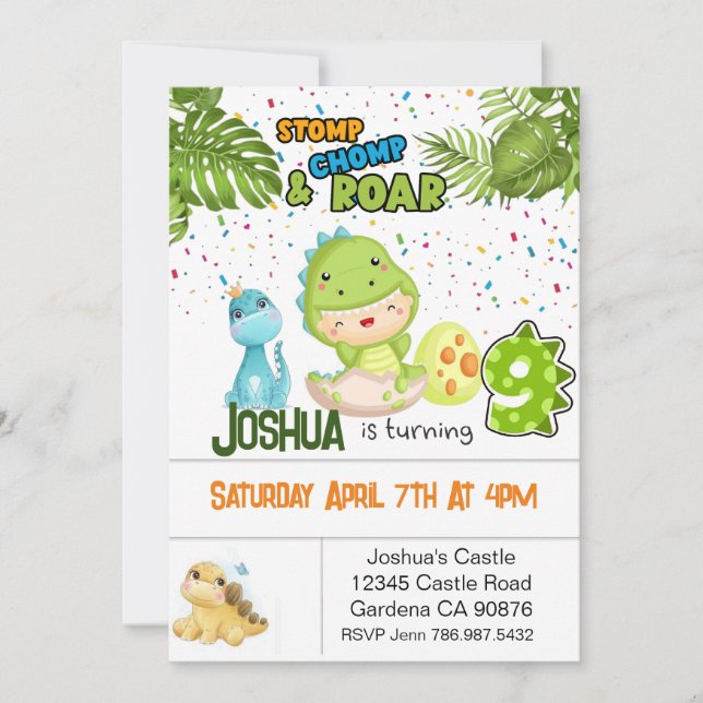 Invitación Dinosaurio invitando a nueve cumpleaños (Anverso)