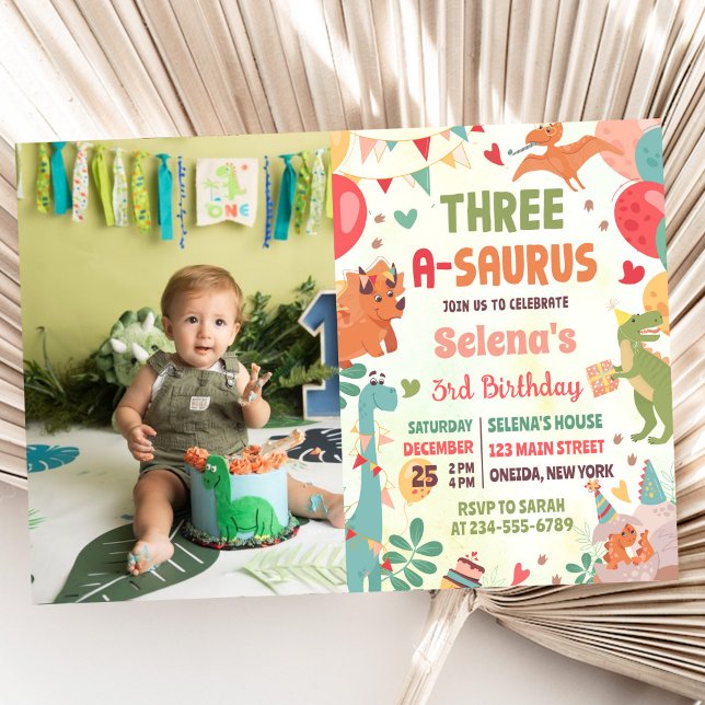 Invitación Dinosaurio lindo 3-A-Saurus foto de tercer cumplea (Subido por el creador)