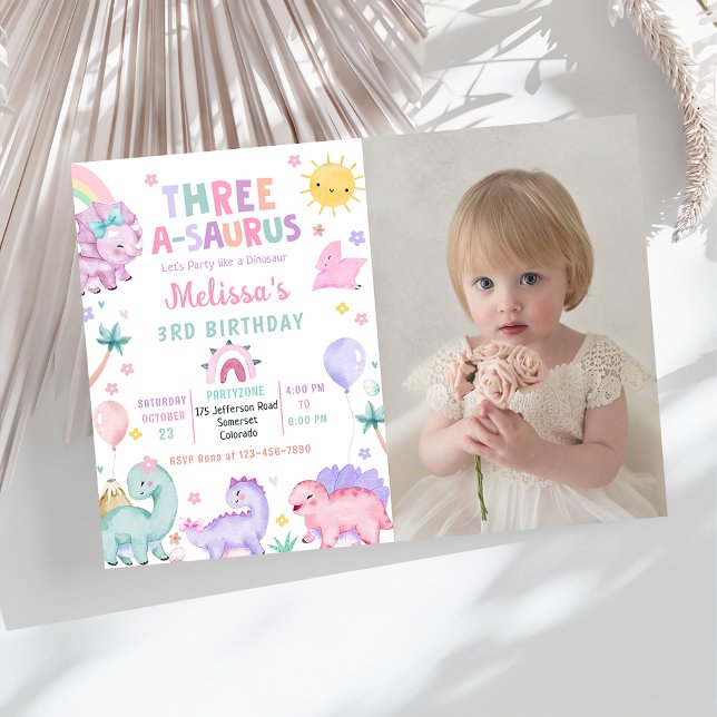Invitación Dinosaurio lindo 3-A-Saurus foto de tercer cumplea (Subido por el creador)