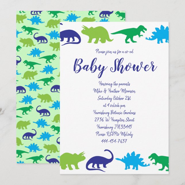 Invitación Dinosaurio lindo Baby Shower Dino Blue and Green B (Anverso / Reverso)