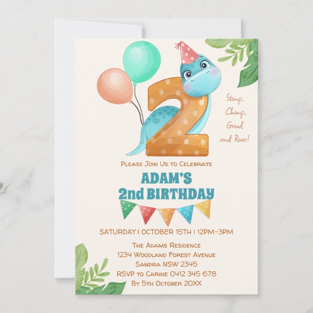 Invitación Dinosaurio lindo con globos de segundo cumpleaños (Anverso)
