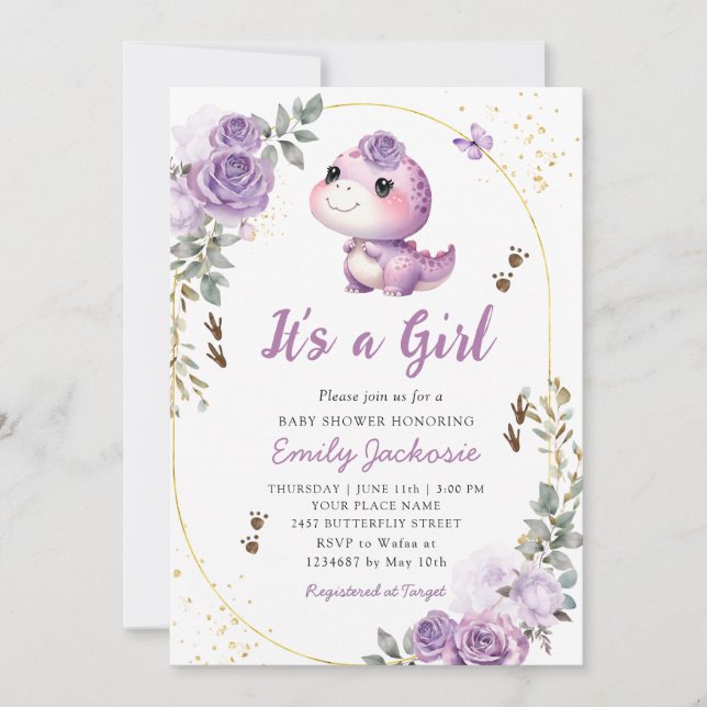 Invitación Dinosaurio lindo es un Chica de Boho Floral Baby S (Anverso)