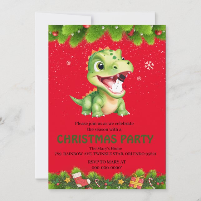 Invitación Dinosaurio lindo sostiene regalo de fiesta de Navi (Anverso)