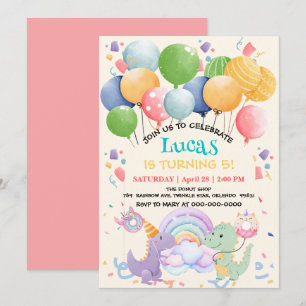 Invitación Dinosaurio lindo unicornio donut globo patrón arco