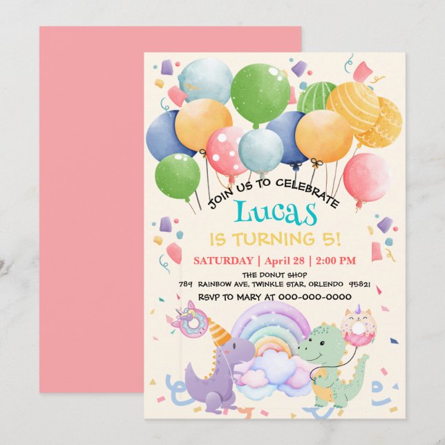 Invitación Dinosaurio lindo unicornio donut globo patrón arco (Anverso / Reverso)