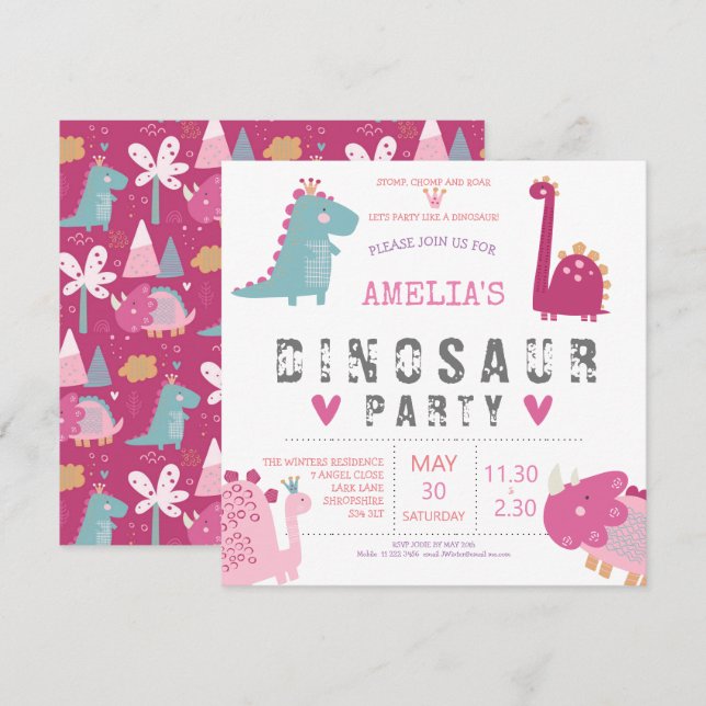 Invitación Dinosaurio lindo y moderno fiesta de cumpleaños ro (Anverso / Reverso)