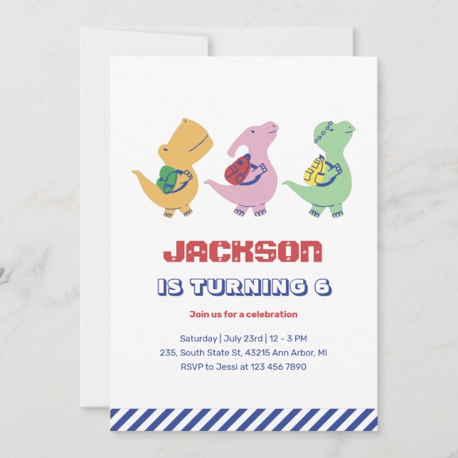 Invitación Dinosaurio lindo yendo a la escuela (Anverso)