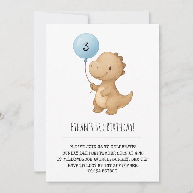 Invitación Dinosaurio marrón con cumpleaños con globo azul (Anverso)