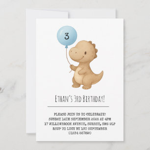 Invitación Dinosaurio marrón con cumpleaños con globo azul