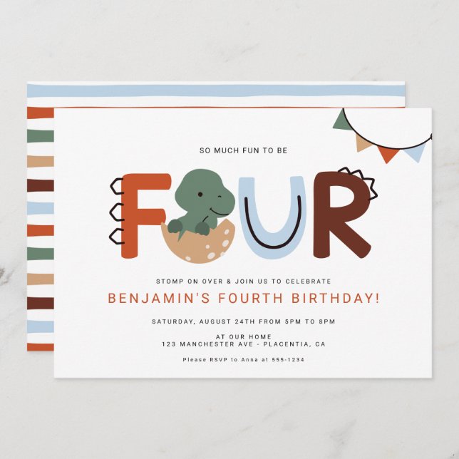 Invitación Dinosaurio moderno cuarto Fiesta de cumpleaños (Anverso / Reverso)