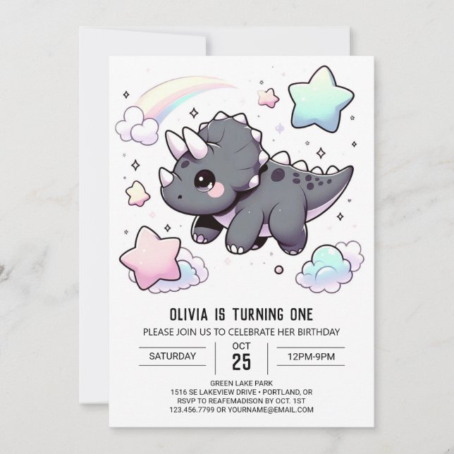 Invitación Dinosaurio moderno lindo primer cumpleaños (Anverso)