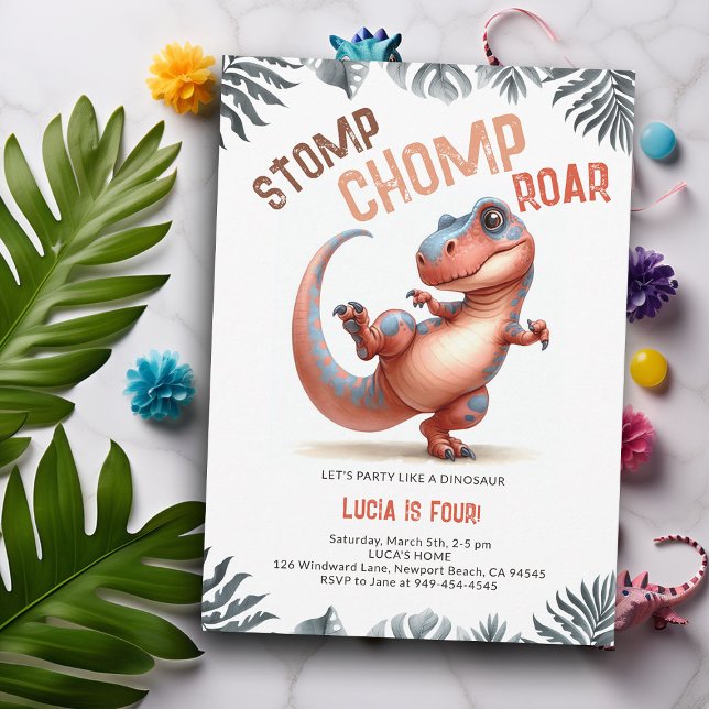Invitación Dinosaurio mueve Guay Stomp Chomp Roar Niños Cumpl (Dinosaur kids birthday invitation dino stomp chomp roar pre historic jungle hip dance party cute fun)