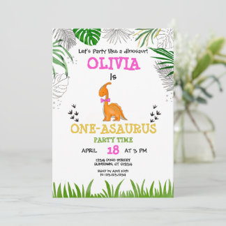 Invitación Dinosaurio Nacimiento acuarela rosa naranja verde