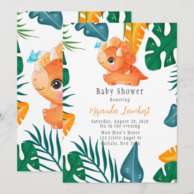Invitación Dinosaurio Naranja Tropical Baby Shower (Anverso / Reverso)