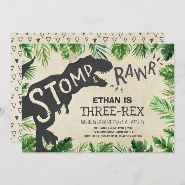 Invitación Dinosaurio: Niño Dino invitado a cumpleaños de tre (Anverso / Reverso)