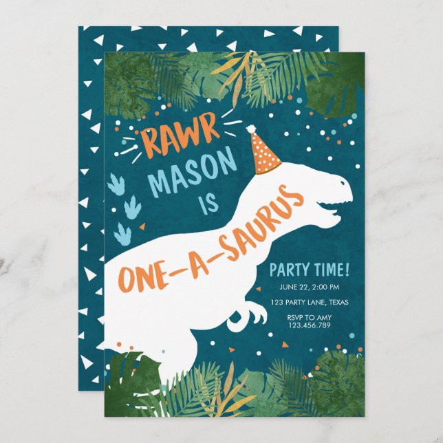 Invitación Dinosaurio One-A-Saurus RAWR Primer cumpleaños (Anverso / Reverso)