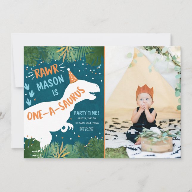Invitación Dinosaurio One-A-Saurus RAWR Primer cumpleaños (Anverso)