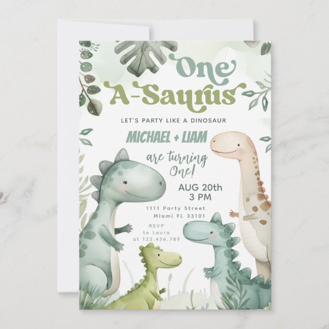 Invitación Dinosaurio One-A-Saurus Twin Boys 1er cumpleaños F (Anverso)