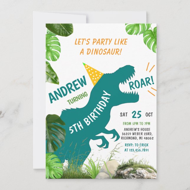 Invitación Dinosaurio personal TRex Cumpleaños del niño (Anverso)