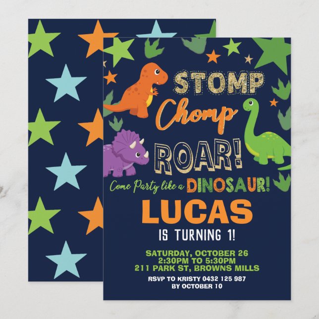 Invitación Dinosaurio primer cumpleaños Fiesta niño Stomp Cho (Anverso / Reverso)