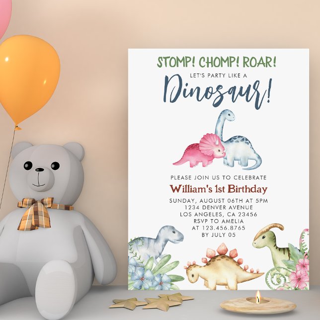 Invitación Dinosaurio primer cumpleaños Fiesta Stomp Chomp Ro (Dinosaur 1st Birthday Party Stomp Chomp Roar Boy Invitation
)
