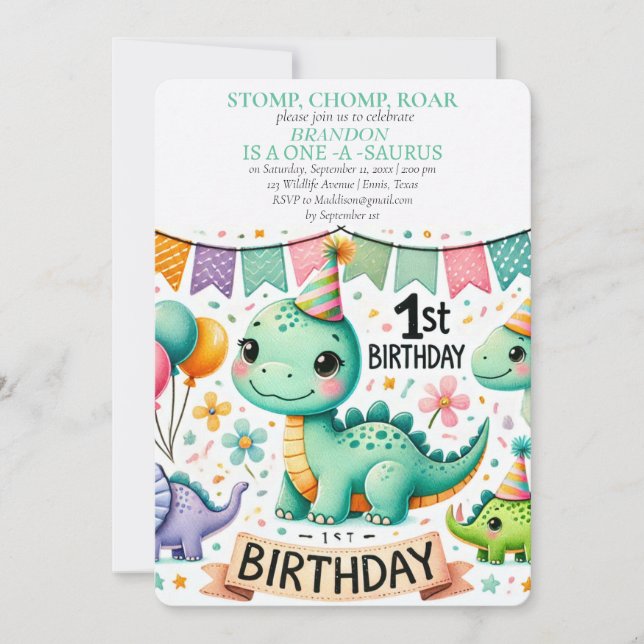 Invitación Dinosaurio primer cumpleaños niño Stomp Chomp Roar (Anverso)