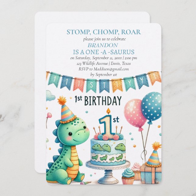 Invitación Dinosaurio primer cumpleaños niño Stomp Chomp Roar (Anverso / Reverso)